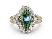 Halo Engagement Ring Setting for Fancy Green Marquise Center with Two-Strand Split Shank and Prong Head in Yellow Gold