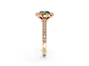 Halo Engagement Ring Setting for Fancy Green Cushion Cut Center with Milgrain Pave Band and Bezel Head in Rose Gold