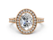 Halo Engagement Ring Setting for Oval Center with Milgrain Halo, Pave Band and Prong Head in Rose Gold