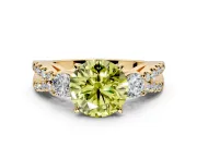 3 Stone Engagement Ring Setting for Fancy Yellow Round Cut Center with Pave Split Shank and Prong Head in Yellow Gold