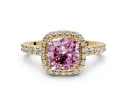 Halo Engagement Ring Setting for Fancy Pink Cushion Cut Center with Inner Milgrain Border and Prong Head in Yellow Gold