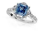 Floral Engagement Ring Setting for Fancy Blue Asscher Cut Center with Pave Band and Floral Prong Head in Platinum