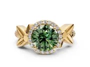 Halo Engagement Ring Setting for Fancy Green Round Cut Center with Floral Band and Prong Head in Yellow Gold