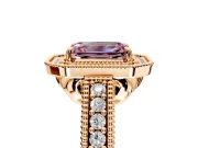 Milgrain Halo Engagement Ring Setting for Fancy Pink Emerald Cut Center with Pave Band and Prong Head in Rose Gold