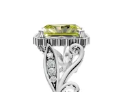 Halo Engagement Ring Setting for Fancy Yellow Radiant Cut Center with Leaf Motif Split Shank and Prong Head in Platinum