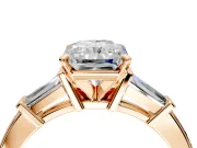 3 Stone Engagement Ring Setting for Radiant Cut Center with Channel Baguette Accents and Prong Head in Rose Gold