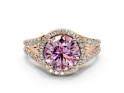 Halo Engagement Ring Setting for Fancy Pink Round Cut Center with Narrow Pave Split Shank and Prong Head in Rose Gold