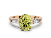 3 Stone Engagement Ring Setting for Fancy Yellow Oval Center with Tapered Baguettes, Plain Band and Prong Head in Rose Gold
