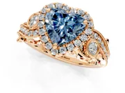 Milgrain Halo Engagement Ring Setting for Fancy Blue Heart-Shaped Center with Shoulder Bezels and Prong Head in Rose Gold