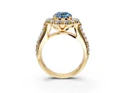 Large Accent Halo Engagement Ring Setting for Fancy Blue Round Cut Center with Pave Split Shank and Prong Head in Yellow Gold
