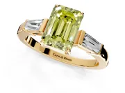3 Stone Engagement Ring Setting for Fancy Yellow Emerald Cut Center with Baguette Accents and Prong Head in Yellow Gold
