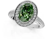Milgrain Halo Engagement Ring Setting for Fancy Green Oval Center with Three-Sided Pave Band and Prong Head in Platinum
