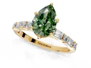 Baguette Engagement Ring Setting for Fancy Green Pear-Shaped Center with Alternating Bar-Set Band and Prong Head in Yellow Gold