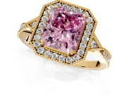 Halo Engagement Ring Setting for Fancy Pink Radiant Cut Center with Milgrain Rim, Pave Band and Prong Head in Yellow Gold
