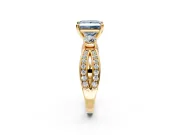 3 Stone Engagement Ring Setting for Fancy Blue Princess Cut Center with Pave Twist Band and Prong Head in Yellow Gold