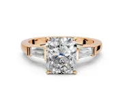 3 Stone Engagement Ring Setting for Radiant Cut Center with Channel Baguette Accents and Prong Head in Rose Gold