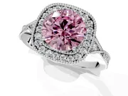 Halo Engagement Ring Setting for Fancy Pink Round Cut Center with Milgrain Rim, Pave Band and Prong Head in Platinum
