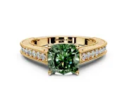 Solitaire Engagement Ring Setting for Fancy Green Cushion Cut Center with Engraved Pave Band and Prong Head in Yellow Gold