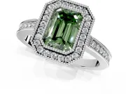Halo Engagement Ring Setting for Fancy Green Emerald Cut Center with Milgrain Halo, Pave Band and Prong Head in Platinum