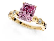 Solitaire Engagement Ring Setting for Fancy Pink Radiant Cut Center with Beaded Bezel Station Band and Prong Head in Yellow Gold