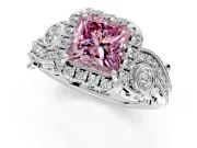 Milgrain Halo Engagement Ring Setting for Fancy Pink Princess Cut Center with Shoulder Bezels and Prong Head in White Gold