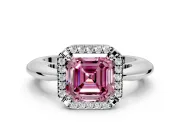 Halo Engagement Ring Setting for Fancy Pink Asscher Cut Center with Tapered Plain Band and Prong Head in White Gold