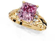 Solitaire Engagement Ring Setting for Fancy Pink Radiant Cut Center with Filigree Accent Basket and Prong Head in Yellow Gold