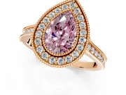 Halo Engagement Ring Setting for Fancy Pink Pear-Shaped Center with Milgrain Pave Band and Bezel Head in Rose Gold