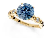 Solitaire Engagement Ring Setting for Fancy Blue Round Cut Center with Beaded Bezel Station Band and Prong Head in Yellow Gold