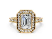 Halo Engagement Ring Setting for Emerald Cut Center with Milgrain Pave Band and Bezel Head in Yellow Gold