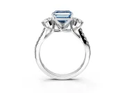 3 Stone Engagement Ring Setting for Fancy Blue Asscher Cut Center with Crossover Basket, Pave Band and Prong Head in Platinum