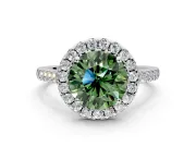 Halo Engagement Ring Setting for Fancy Green Round Cut Center with Narrowing Pave Band and Prong Head in Sterling Silver