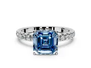Open Basket Engagement Ring Setting for Fancy Blue Asscher Cut Center with Pave Band and Prong Head in Platinum