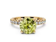 Solitaire Engagement Ring Setting for Fancy Yellow Round Cut Center with Shared-Prong Accents and Prong Head in Yellow Gold