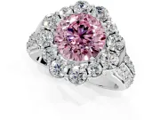 Large Accent Halo Engagement Ring Setting for Fancy Pink Round Cut Center with Pave Split Shank and Prong Head in Platinum
