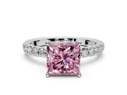 Solitaire Engagement Ring Setting for Fancy Pink Princess Cut Center with Round Cut Pave Band and Prong Head in White Gold