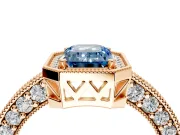 Milgrain Halo Engagement Ring Setting for Fancy Blue Emerald Cut Center with Wide Pave Band and Prong Head in Rose Gold