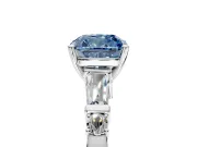 Bar-Set Engagement Ring Setting for Fancy Blue Cushion Cut Center with Tapered Baguette Accents and Prong Head in White Gold