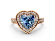 Halo Engagement Ring Setting for Fancy Blue Heart-Shaped Center with Outer Bezel Rim, Pave Band and Prong Head in Rose Gold