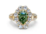 Large Accent Halo Engagement Ring Setting for Fancy Green Pear-Shaped Center with Pave Split Shank and Prong Head in Yellow Gold