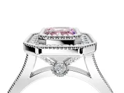 Halo Engagement Ring Setting for Fancy Pink Emerald Cut Center with Milgrain Frame, Pave Band and Prong Head in Platinum