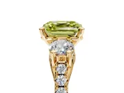3 Stone Engagement Ring Setting for Fancy Yellow Asscher Cut Center with Crossover Basket, Pave Band and Prong Head in Yellow Gold