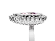 Halo Engagement Ring Setting for Fancy Pink Pear-Shaped Center with Milgrain Bezel Rim, Plain Band and Prong Head in Platinum