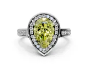 Halo Engagement Ring Setting for Fancy Yellow Pear-Shaped Center with Outer Bezel Rim, Pave Band and Prong Head in Platinum
