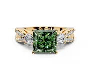 3 Stone Engagement Ring Setting for Fancy Green Princess Cut Center with Pave Split Shank and Prong Head in Yellow Gold