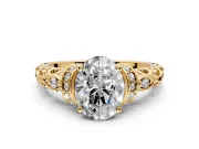 Solitaire Engagement Ring Setting for Oval Center with Filigree Band and Prong Head in Yellow Gold