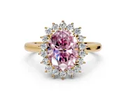 Starburst Halo Engagement Ring Setting for Fancy Pink Oval Center with Thin Round-Wire Band and Prong Head in Yellow Gold