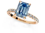 Solitaire Engagement Ring Setting for Fancy Blue Emerald Cut Center with Fine Pave Narrow Band and Prong Head in Rose Gold