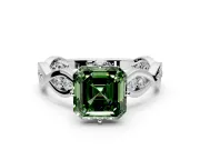 Solitaire Engagement Ring Setting for Fancy Green Asscher Cut Center with Accented Twist Band and Leaf Prong Head in Platinum