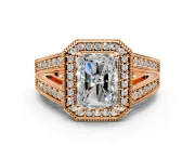 Halo Engagement Ring Setting for Radiant Cut Center with Milgrain Split Shank and Prong Head in Rose Gold